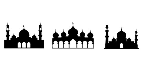 Islamic mosque silhouette collection featuring traditional domes and minarets in black vector style © MSTROUJATOUS