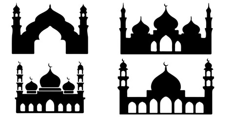 Islamic mosque silhouette collection featuring traditional domes and minarets in black vector style © MSTROUJATOUS