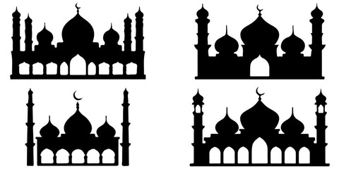Islamic mosque silhouette collection featuring traditional domes and minarets in black vector style © MSTROUJATOUS