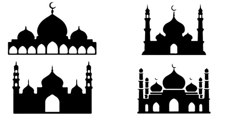 Islamic mosque silhouette collection featuring traditional domes and minarets in black vector style © MSTROUJATOUS