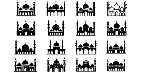 Islamic mosque silhouette collection featuring traditional domes and minarets in black vector style © MSTROUJATOUS