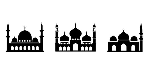 Islamic mosque silhouette collection featuring traditional domes and minarets in black vector style © MSTROUJATOUS