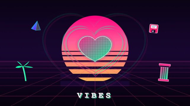 Retro 80s synthwave sunset animation with pulsating neon heart and grid loop