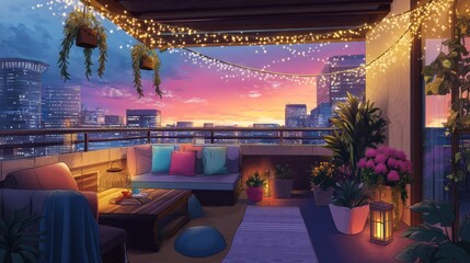 Fototapeta premium Cozy balcony with evening city skyline view at sunset. Outdoor lounge area decorated with string light and potted plant. Comfortable urban terrace for relaxation and romantic mood.