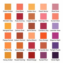 Naklejka premium Warm sunset inspired color palette swatch chart featuring oranges pinks and reds