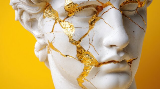 Plaster statue head with golden cracks. Concept of kintsugi and Japanese art restoration. Philosophy of finding beauty in imperfection and healing broken trauma with gold repair.