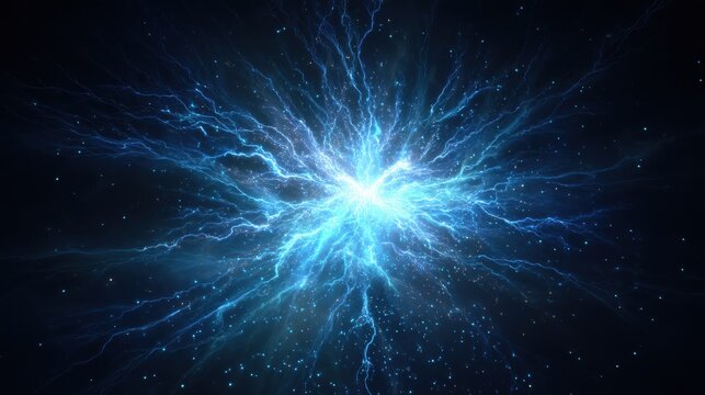 Bright lightning explosion in dark void. Abstract energy discharge of blue plasma bolt. Cosmic star birth and intense electrical power surge. Futuristic science background for physics concept.