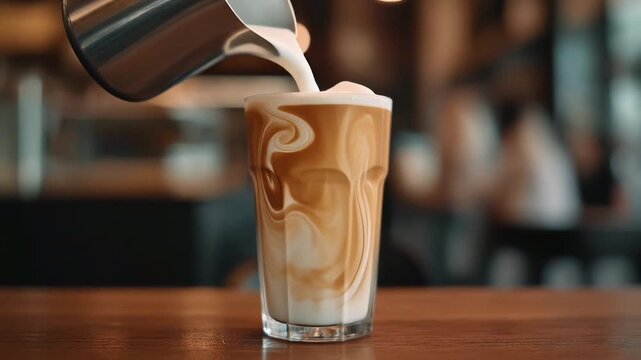 Close up of milk being poured in a glass with coffee for a delicious creamy combination creating abstract pattern 