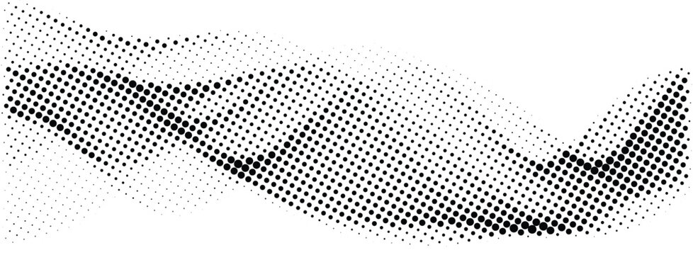 Monochrome halftone dotted illustration, abstract dynamic wave, ribbon pattern. Curved line with halftone effect, flud design. Vector minimalist background. Overlay template. Vector