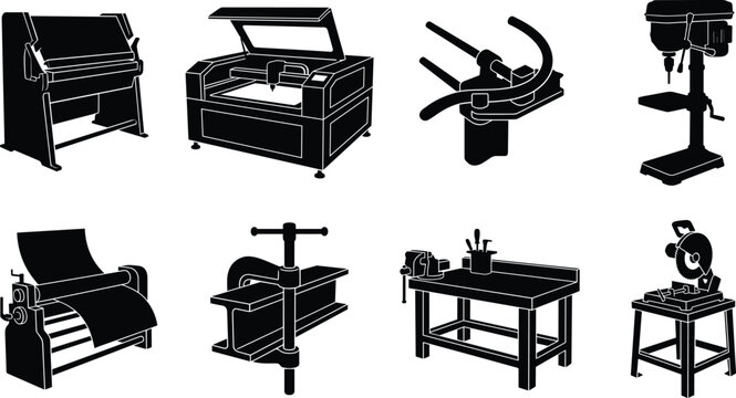 Industrial Machinery and Workshop Equipment Glyph Icons Set Featuring Laser Cutter Drill Press Workbench and Metal Tools