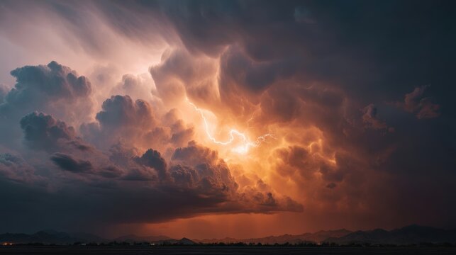 Lightning bolt strike inside dark stormy cloud. Dramatic sky with bright electricity discharge during thunderstorm. Weather phenomenon for nature background concept. Atmospheric energy.