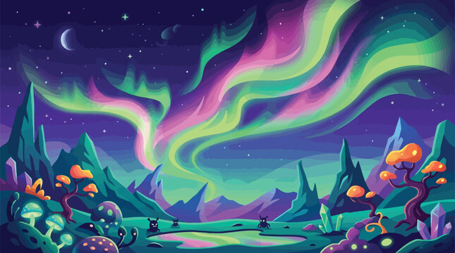 Aurora borealis alien landscape vector illustration with colorful northern lights starry night sky and sci fi nature