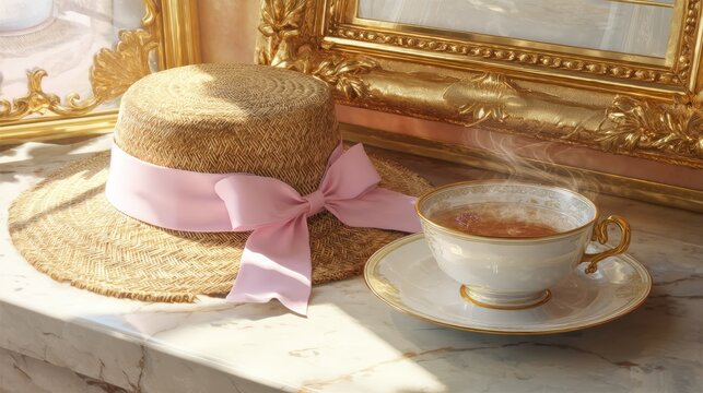 Boater hat with pink ribbon and steaming ceramic teacup on marble table. Afternoon tea concept with vintage aesthetic. Elegant lifestyle background with ornate golden picture frame.