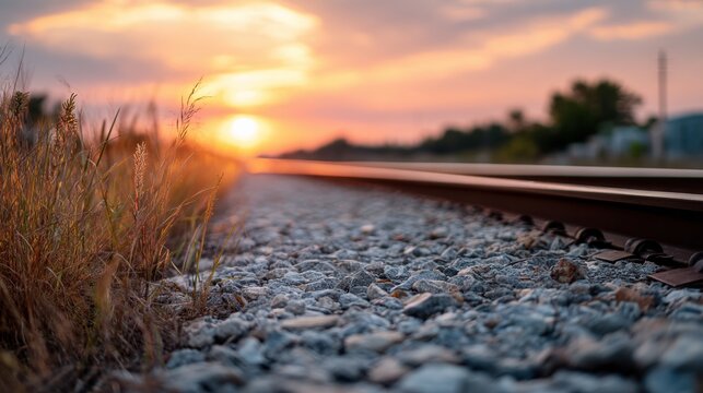 Railroad track at sunset. Railway line vanishing into horizon during golden hour. Concept of travel, adventure, journey and future perspective. Peaceful transportation scenery background.