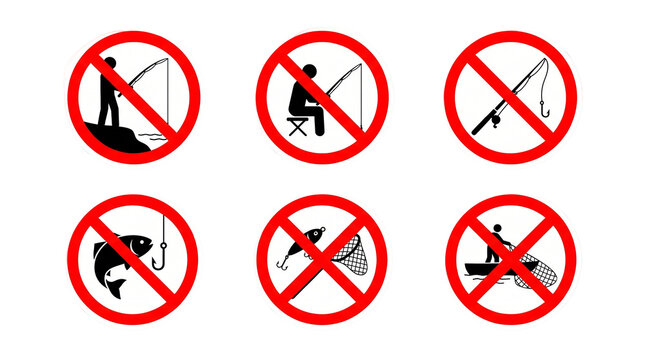 Set of six black and red no fishing prohibition warning signs featuring various angler activities and equipment silhouettes displayed in a clean vector style collection presented on transparent backgr