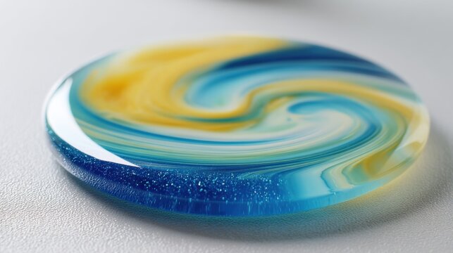 Abstract circular glass art piece with swirling blue, yellow and white patterns. Resin craft design with glitter texture. Decorative round object for interior decor and creative display.