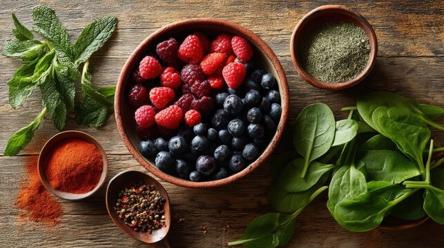 Bowl with organic raspberry and blueberry on wooden table. Raw fruit, fresh vegetable, green mint, spice and seasoning. Healthy food, vegan nutrition, cooking ingredient cooking concept.
