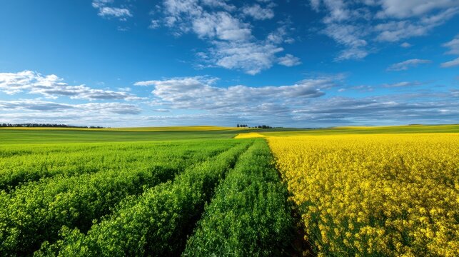 Blooming yellow rapeseed field next to green farmland under clear blue sky with clouds. Scenic agricultural landscape in spring. Rural countryside environment and nature concept.