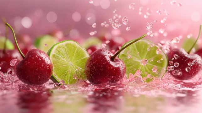 Fresh cherry and lime slice falling into water with splash. Fruit beverage ingredient and healthy diet concept. Cooling summer drink base and organic vitamin snack visualization.