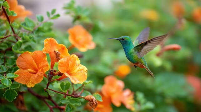 Hummingbird hovering near bright orange flowers in a lush garden. Small tropical bird flying to collect nectar from blossom. Wildlife, nature conservation and biodiversity concept.