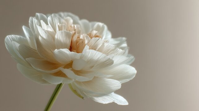 White peony flower with delicate petals close up. Natural botanical portrait with soft lighting. Elegant floral aesthetic for wedding decor, greeting card and minimalist design background.