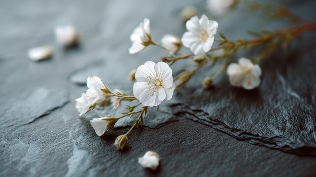White flower branch on dark stone background. Delicate spring blossom with petals on rough slate surface. Minimalist floral composition for greeting card and seasonal decoration.