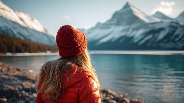 Woman looking at mountain lake. Traveler viewing snowy landscape during winter hike. Adventure lifestyle in nature, scenic view of wilderness and alpine environment for travel concept.