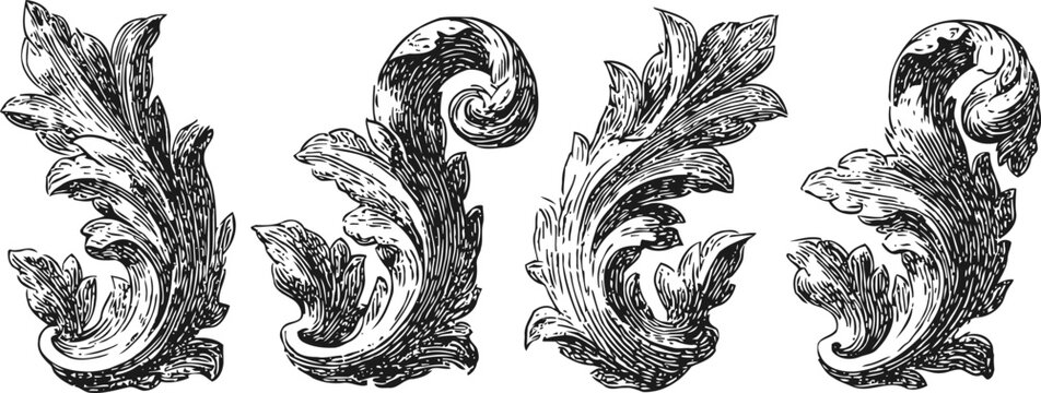 Ornate vintage floral scrolls decorative engraved victorian leaves set