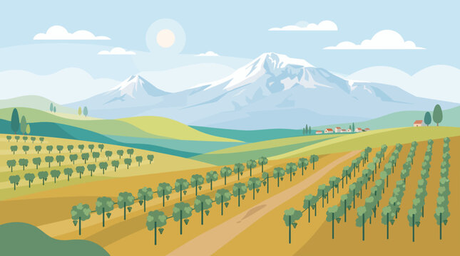 Minimalist Mount Ararat and Vineyard Landscape Vector Illustration