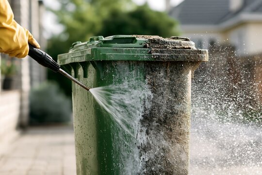 Pressure washer removing heavy dirt from a green garbage bin during professional sanitation. Waste container cleaning for hygiene, odor reduction and public health