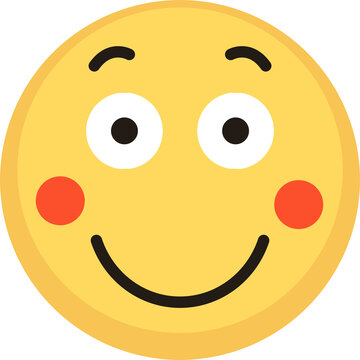 Yellow face with rosy cheeks, curved smile, raised eyebrows conveys bashfulness, happiness, gentle affection, positive emotion.