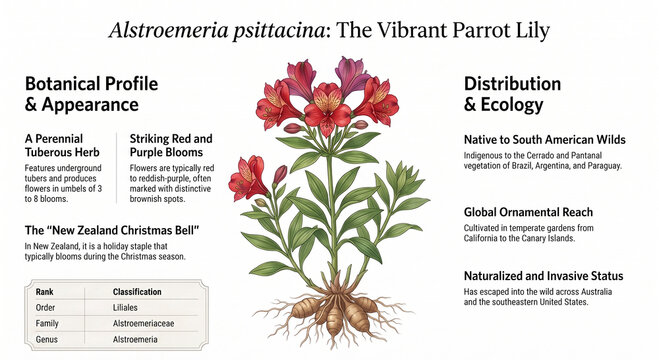 Educational infographic exploring Alstroemeria psittacina, its botany, distribution, floral traits, cultivation and ecological significance.