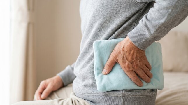Elderly person holding a heating pad against lower back. Senior patient using warm compress for back pain relief