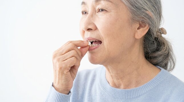 Close up profile of senior woman taking medication. Elderly female putting small white pill in mouth. Geriatric healthcare and cardiac treatment concept