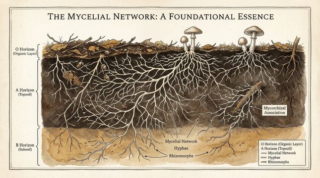 Intricate Mycelial Network Beneath Forest Soil, Illustrating Fungal Hyphae and Roots