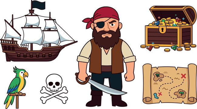 Cute Pirate Adventure Cartoon Character Vector Set with Sailing Ship, Treasure Chest, Map, Parrot, Sword, and Skull Crossbones ElementsCute Pirate Adventure Cartoon Character Vector Set with Sailing S