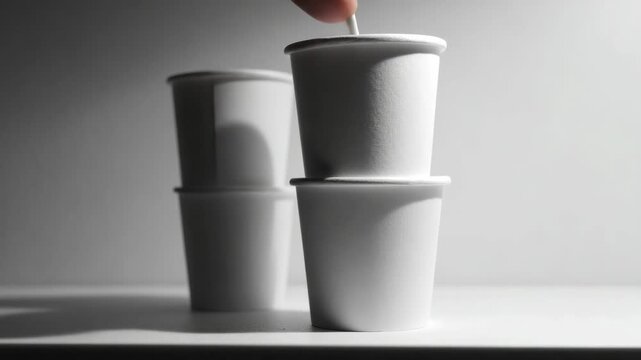 A row of paper cups stacked up with a shadow cast on the surface beneath them.