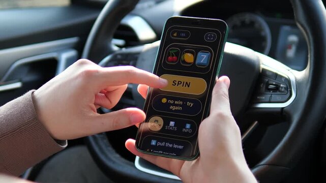 Gamified mobile slot interface. A player risks credits, sees consecutive losing combinations with fruits, and is prompted to try again. 