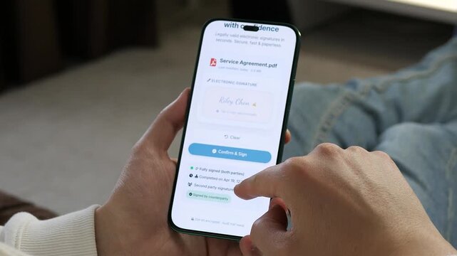 Seamless remote contract finalization. User confirms a legally binding service agreement with both parties signed via mobile. 