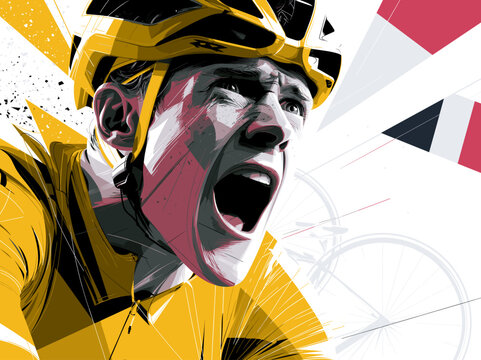 Excited Cyclist in Yellow Jersey Celebrates Victory at the Tour de France with Determined Expression