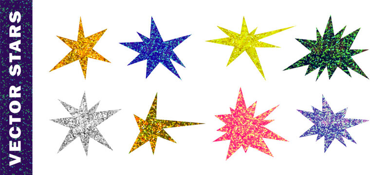 Glitter cut out stars set. Sparkle colorful irregular star paper clippings. Vintage stickers for collage and scrapbook. Gold, silver, blue, pink elements Vector illustration on transparent background