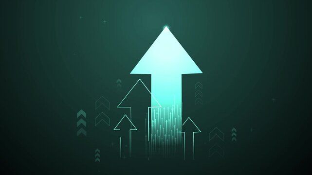 Upward arrows on dark gradient background with glowing trail and digital particles animation, symbolizing growth or progress