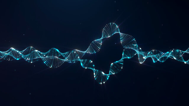 Glowing blue dna double helix structure on a dark background, forming a wavy line with a central bulge