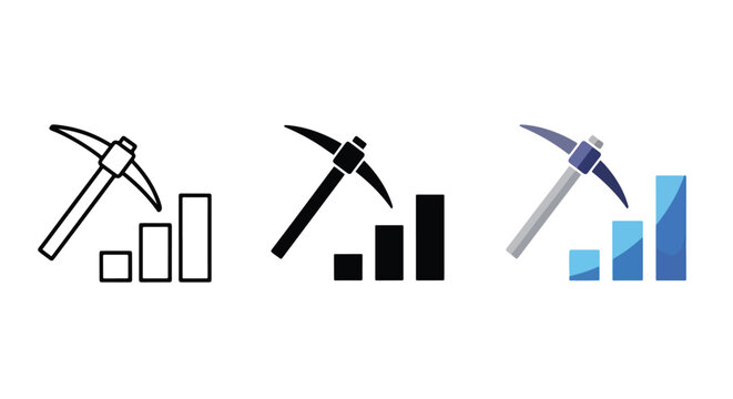 Pickaxe with bar chart vector icon set: Flat illustration, corporate blue, minimalist design - Lifestyle Illustration, Flat Line Art - PNG, SVG, EPS