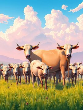 Illustration of a herd of cattle roaming freely, Toro Bravo breeds, cow