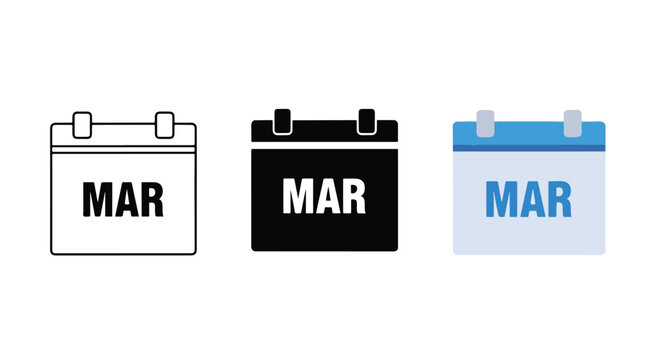 March calendar date vector icon set: Flat illustration, corporate blue, minimalist design - Lifestyle Illustration, Flat Line Art - PNG, SVG, EPS