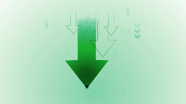 Stylized digital animation of a large downward arrow with smaller arrows and abstract lines