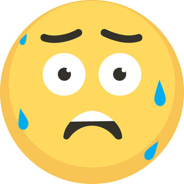 Yellow face displays exhaustion, worry, with downturned mouth, raised eyebrows, sweat droplets conveying stress, fatigue.