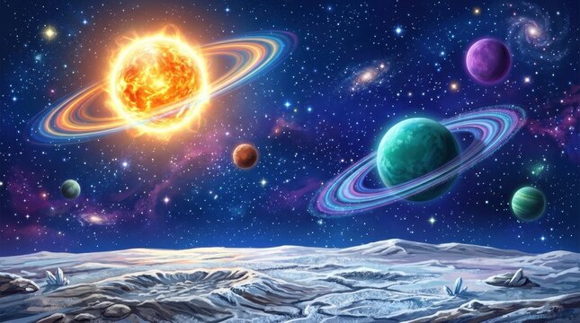 Vibrant alien solar system with ringed planets, glowing sun, and textured exoplanet surface in deep space.