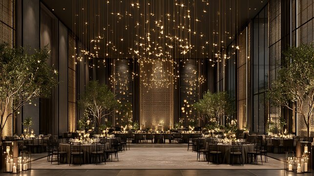 A luxury banquet hall features twinkling fairy lights and trees. Ideal for upscale wedding venues or elegant gala.